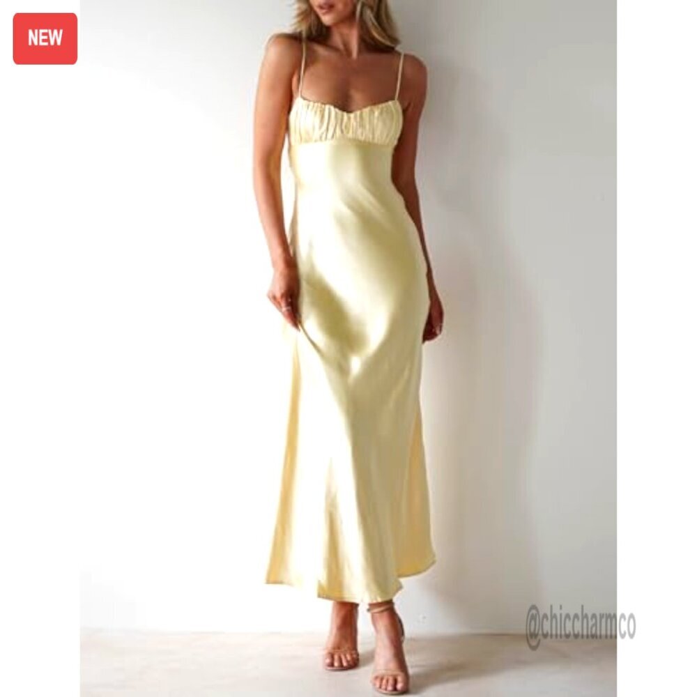 Satin Backless Ruched Twist Midi Dress Spaghetti Strap Formal Cocktail - Picture 4 of 5